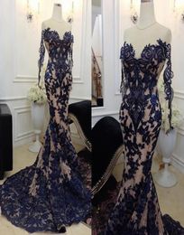 Stunning Charming Mermaid Prom Dresses Sheer Jewel Neck Beads Lace Applique Long Sleeve Party Dress 2018 Sexy See Through Evening 4179957