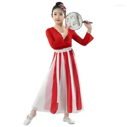 Clothing Sets Children's Classical Dance Performance Practice Clothes Fan Chinese One-Piece Gauze Skirt Ancient Dancing Unifom LE006