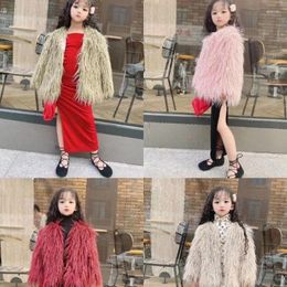Jackets 2024 Autumn Winter Kids Girls Fashion Single Breasted O-neck Jacket Coats Children Clothing Warm Beach Wool Fur Outerwear A08