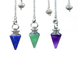 Pendants Natural Stones Pendulum for Dowsing Divination Chain Hexagonal Column Silvercolor Cone Pendant Reiki Pendule9213194