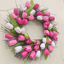 Decorative Flowers Artificial Tulip Wreath For Front Door Spring Summer Silk With Green Leaves Window Wall Wedding Valentines Day Home Decor