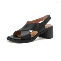 Sandals 2024 Original Leather Cowhide Women's Stylish Heels Black Fashionable Shoes Good Quality Free Mail