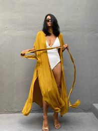 Women Beach Wear Fitshinling 2023 Beach Outfits For Women Swimwear Bohemian Summer Outing Cover-Ups Oversize Kimono With Belt Holiday Beachwear T240508