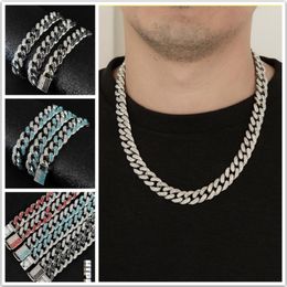 3 Colours 13mm Hiphop Mens Full Red Diamond Cuban Link Chain Necklace Bracelet guys Bling Curb Choker Chains Miami Rapper Jewellery for Me 279O