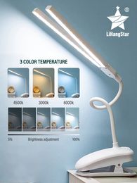 LED Doubleheaded Reading Table Lamp with Clip Touch Control Dimmable Light Eye Protection for Bedroom Dormitory Study Office 240508