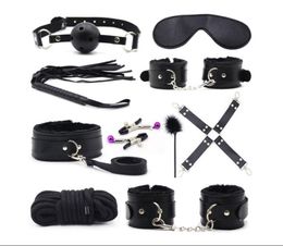 10pcsset Plush Handcuffs Leather Whip Ball Gag Magic Wand Nipple Clampls Cotton Rope SM Appliances Women bdsm Bondage Slave Eroti3240200