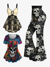 Women's Two Piece Pants Gothic Printed Halloween Flare Or T-shirt Tank Top Skeleton Floral Hat Music Symbol Guitar Colorful Colorblock