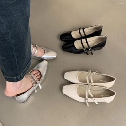 Dress Shoes Silver Heels Mary Janes Beige Woman 2024 Trend Black Leather Low Heeled Pumps Elegant Buckle Block Heel Closed Toe Shoe