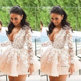 Cheap V Neck Mini Homecoming Dresses 2024 Long Sleeve Lace Applique Short Prom Dress Formal Party Evening Gowns 0509