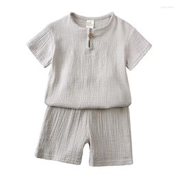 Clothing Sets Cotton Linen Kids Clothes Girls Outfit Summer Boy Solid Colour Short Sleeve Tops Shorts Children 2-7 Years