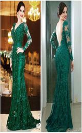 Lace Women Evening Dress Sexy V Neck Low Back Long Sleeves Emerald Green Mermaid Prom Dress Vestidos De Formatura9526083