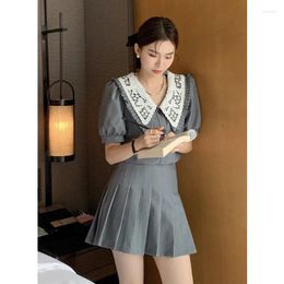 Work Dresses Korean Girl College Style Suit Women's Summer Patchwork Turn-down Collar Top Pleated Mini Skirt Two-piece Set Female Clothes