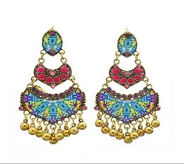 Indian Retro Style Gold with Beads Tassel Flower Glass Drop Dangle Earrings for Woman Charm Jewelry4595499