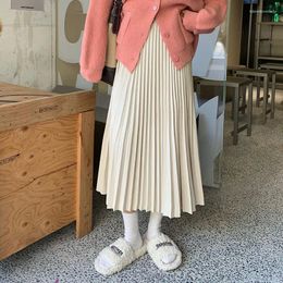 Skirts Women Skirt Black Beige Pleated Elegant Midi Elastic Waist Spring Autumn Winter Faldas Femme 2024