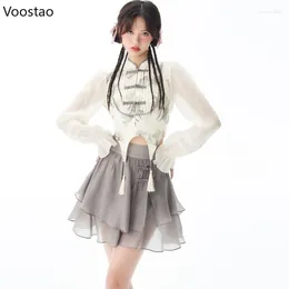 Work Dresses Vintage Chinses Style Skirt Sets Women Sweet Elegant Floral Print Shirt Tops Mini Hanfu Suit Female Casual Y2k 2 Piece Set