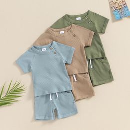 Clothing Sets Baby Boys Summer Knitted Outfits Solid Color Short Sleeves T-Shirt Tops Elastic Shorts For 2 Piece Vacation Clothes Set