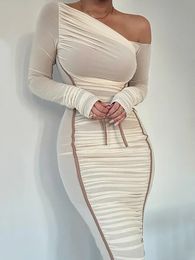 Diagonal Collar Long Sleeve Midi Dress For Women Two Layer Mesh Backless Ruched Bodycon Club Party Sexy 240422