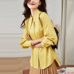 Women's Blouses Yellow Oversized Work Wear Stain Shirts For Women Sping Casual Long Sleeve Vintage Sweet Tops Ladies