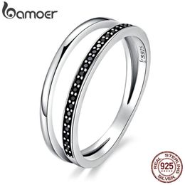 Genuine 925 Sterling Silver Ring Double Circle Black Clear CZ Stackable Finger Ring for Women Fine Silver Jewellery Gift SCR082 20112730576