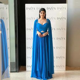 Party Dresses Welove Blue Chiffon One Line Formal Evening Detachable Long Cape Sleeves Straps Saudi Arabic Women Prom Dress