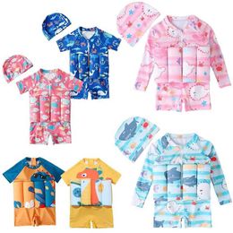 One-Pieces Ldrens Buoyancy swimsuit cartoon print swimsuit childrens one-piece floating Rush goggles shower suit boys and girls swimsuit H240508