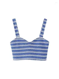 Women's Tanks Holiday Style Striped Print Knitted Elastic Blue Short Tops Girls Beach High Waist Fashion Sling Vest