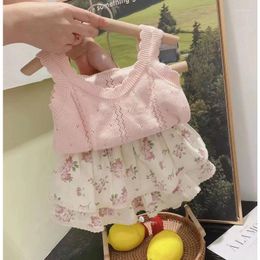 Clothing Sets Children Set 2024 Summer Girls Suits French Stylesweet Hollow Knit Sleeveless Vest Flower Culottes Casual Sweet Two Piece