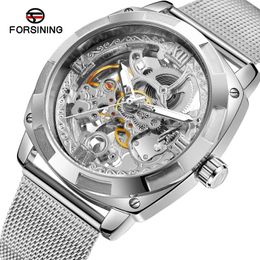 Wristwatches FORSING Fully Automatic Hollow Men's Mechanical Watches Fashion Business Stainless Steel Glow Pointer Watch For Men