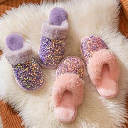 Slippers Sequins Plush Slipper For Women Girls Fashion Kawaii Fluffy Winter Warm Woman Cartoon Giraffe House Funny Shoe