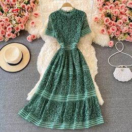 Party Dresses Luxury Women Runway Lace Dress Summer Ladies Vintage Short Sleeve Hollow Out Long Elegant Female Slim Vestidos