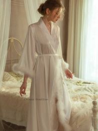 Women's Robe Burgundy Bride Morning Dress Gown New Floor Length Robe Bridal Wedding Bathrobe Luxury Feather Peignoir Women Satin Sleepwear