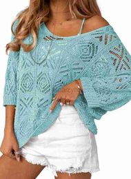 Women's Sweaters Dokotoo 2024 Spring/Summer crochet hollowed out 7/4 sleeve top sweater off the shoulder T-shirt Fashion Knitwear