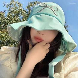 Wide Brim Hats Korean Big Head Solid Color Bow Embroidered Strap Sunshade Bucket Hat Women's Summer Sunscreen Sweet Extended Sun Cap