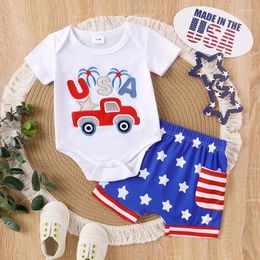 Clothing Sets Boys 4th Of July Shorts Short Sleeve Letter Car Embroidery Romper Star Stripe Print