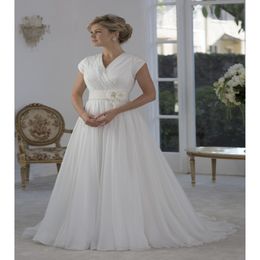 Simple Ruched Chiffon Modest Wedding Dresses With Cap Sleeves V Neck Long Reception Bridal Gown Short Sleeves Buttons Back Flowers 286A