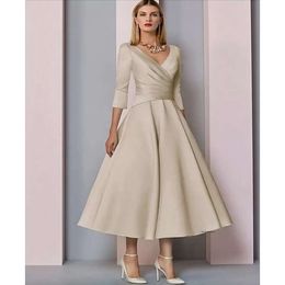 Yeni Şampanya/Siyah/Mavi A-Line Gelin Elbise Anne Plus Boyut Zarif Vintage V Boyun Çay Uzunluğu SATIN 2023 Düğün Elbise 0509
