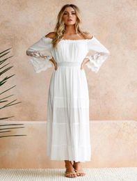 2018 New White Women Bohemian Dresses Long Chiffon Boat Neck Lace Puffy Long Sleeves Slim Waist Summer Beach Dress Ankle Length In7111190