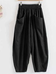 Women's Pants Capris 2023 Summer Womens Pure Cotton Linen Solid Elastic Waist Large Pocket Casual Sports Trousers Q240508