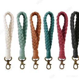 Keychains Lanyards Soft cotton rope keychain Boho handcrafted bracelet keychain long woven wrist strap tether car keyholder J240509