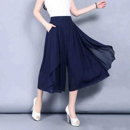 Women's Pants Capris Elastic High Waist Slim Elegant Chiffon Capris female pants Skirts Women Summer Wide Leg Medium Long Leisure Loose Trousers Y240509