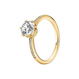 Yellow Gold plated Crown Solitaire RING for Pandora Authentic Sterling Silver Wedding Jewellery For Women Girls CZ Diamond Engagement Gif 342i