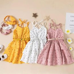 Girl Dresses FOCUSNORM 1-6Y Summer Elegant Little Dress V Neck Sleeveless Multi Layer Dot Printed With Wasitbelt Headband