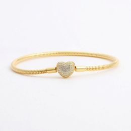 18K Yellow Gold plated CZ Diamond Heart Bracelets Original Box Set for Pandora 925 Silver Snake Chain Bracelet for Women Wedding Jewelr 237G