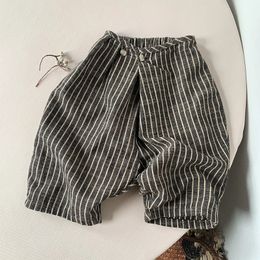 Childrens retro w paski bawełniane i lniane spodni wiosna jesień japońscy chłopcy i dziewczęta swobodne luźne spodnie szerokopasmowe WTP122 240508