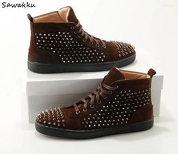 Fitness Shoes Coffee Suede Spikes High Top Sneakers Red Thick Bottoms Men Causal Fashion Lovers Luxury Designer Flat Size 46