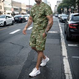 mens two-piece 3D short sleeved shorts set mens running casual camouflage outdoor travel set mens clothing 240509