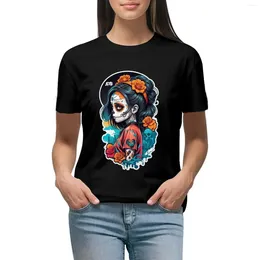 Women's Polos Sugar Skull Girl With Black Hair & Orange Flowers T-shirt Korean Fashion Plus Size Tops T Shirts For Womens
