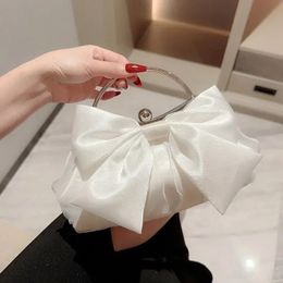 White Satin Bow Fairy Evening Bags Clutch Metal Handle Handbags for Women Wedding Party Bridal Clutches Purse Chain Shoulder Bag 240430