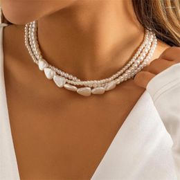 Choker Multi-Layer Pearl Necklace For Woman Elegant Chokers Retro Neck Chain Imitation Pearls Heart Wedding Party Lady Jewelry