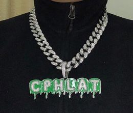 AZ Custom Name Green Drip Oil Letters Pendant Necklace Charm CZ Hip Hop Jewellery with Gold Silver with 3mm Rope Chain9861622